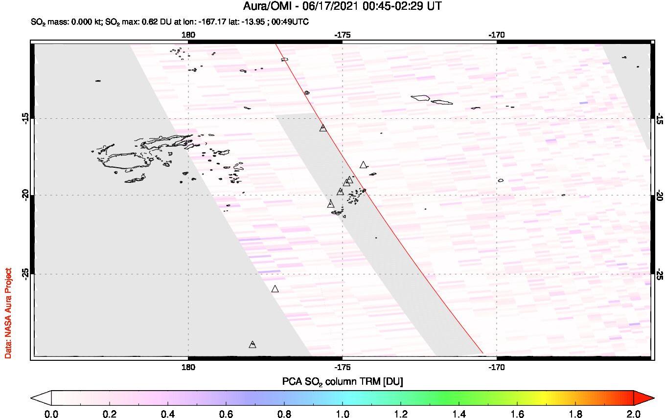 A sulfur dioxide image over Tonga, South Pacific on Jun 17, 2021.