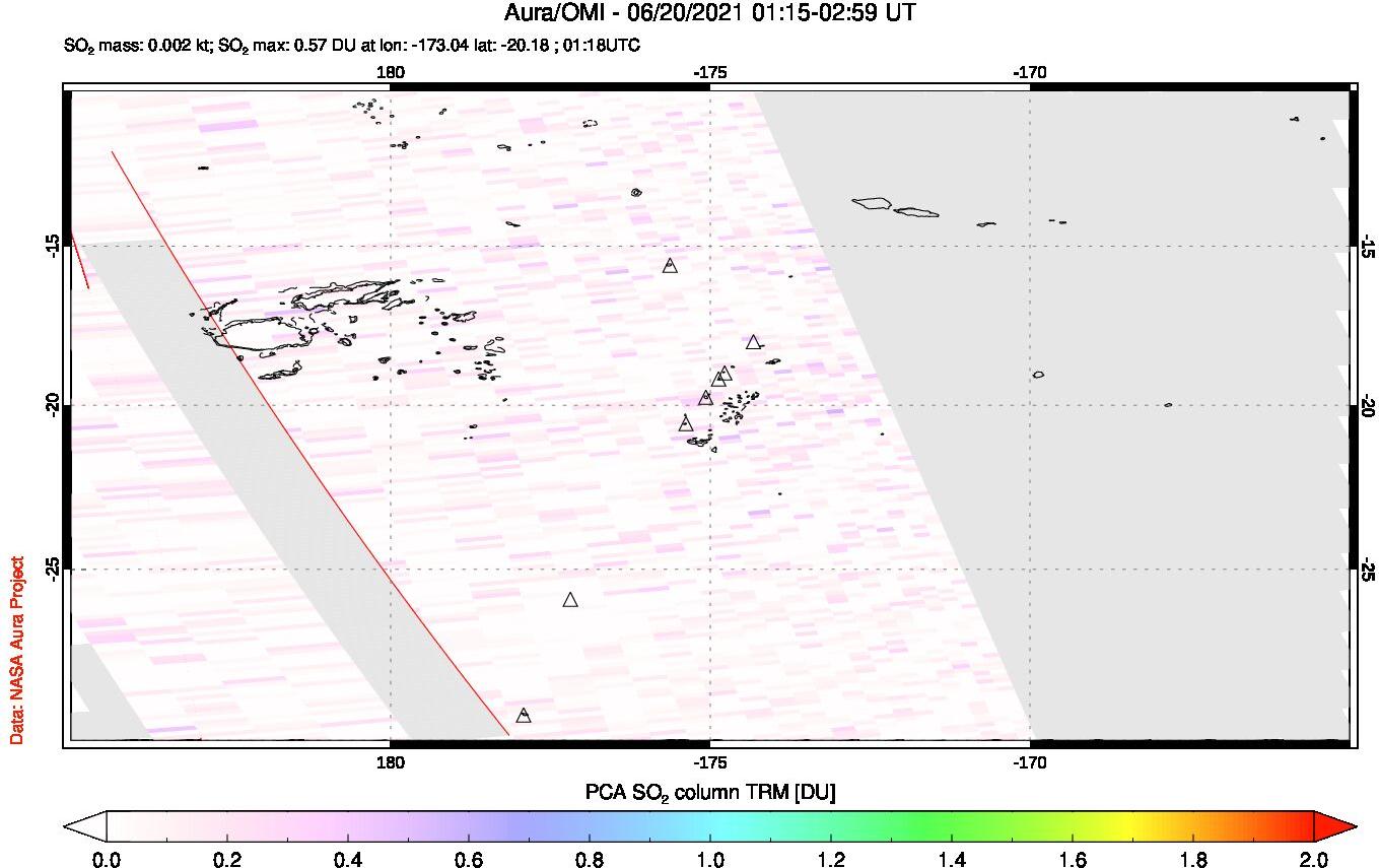 A sulfur dioxide image over Tonga, South Pacific on Jun 20, 2021.