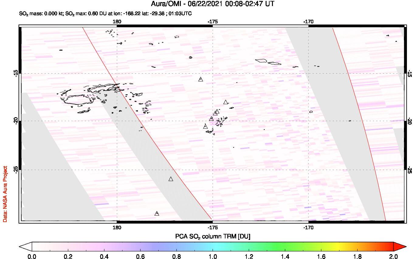 A sulfur dioxide image over Tonga, South Pacific on Jun 22, 2021.