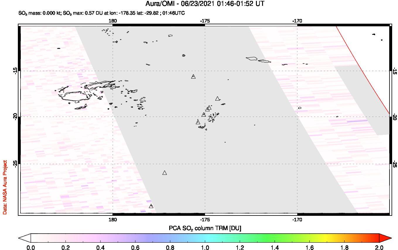 A sulfur dioxide image over Tonga, South Pacific on Jun 23, 2021.