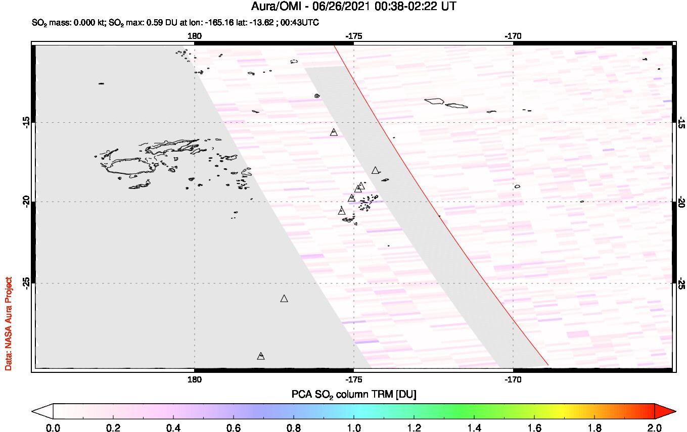 A sulfur dioxide image over Tonga, South Pacific on Jun 26, 2021.