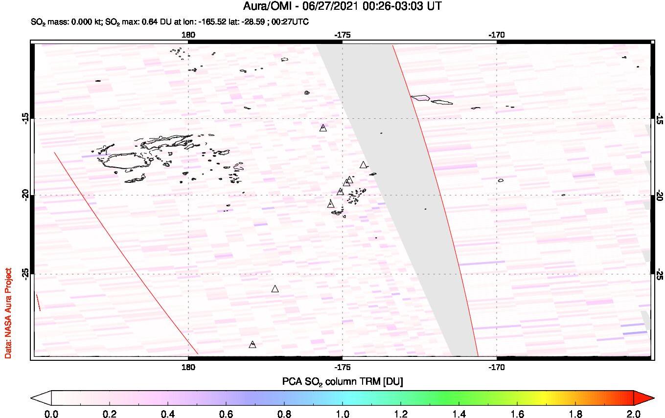 A sulfur dioxide image over Tonga, South Pacific on Jun 27, 2021.