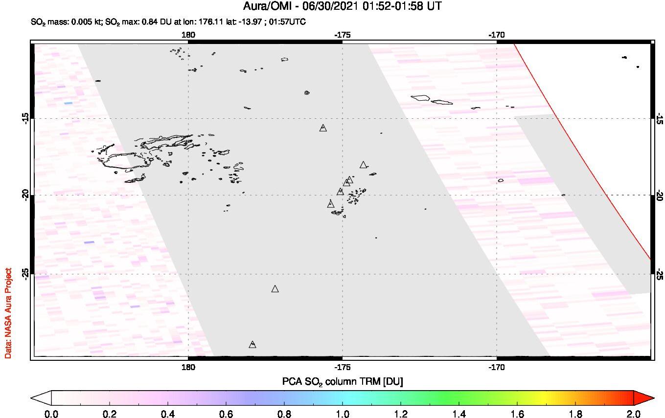 A sulfur dioxide image over Tonga, South Pacific on Jun 30, 2021.