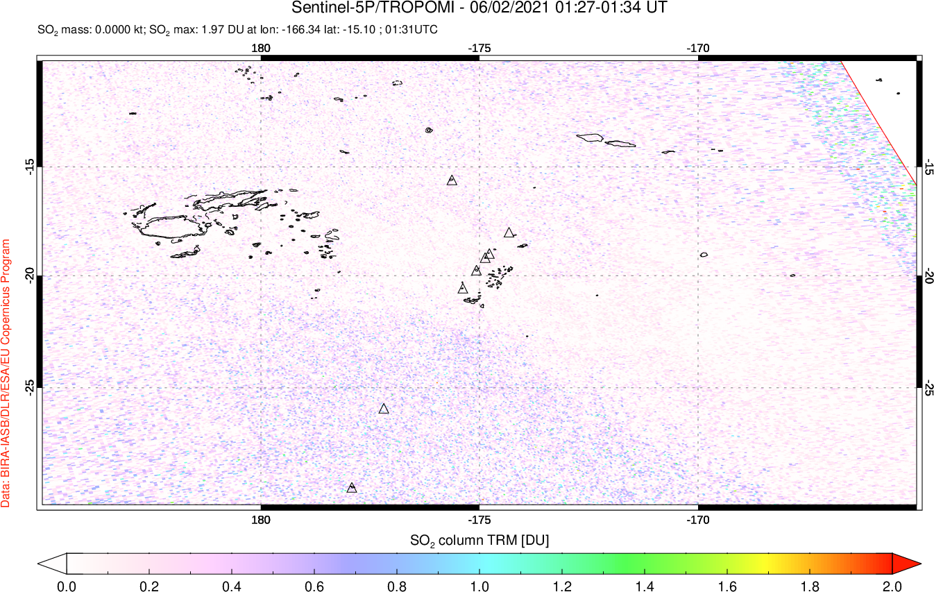 A sulfur dioxide image over Tonga, South Pacific on Jun 02, 2021.