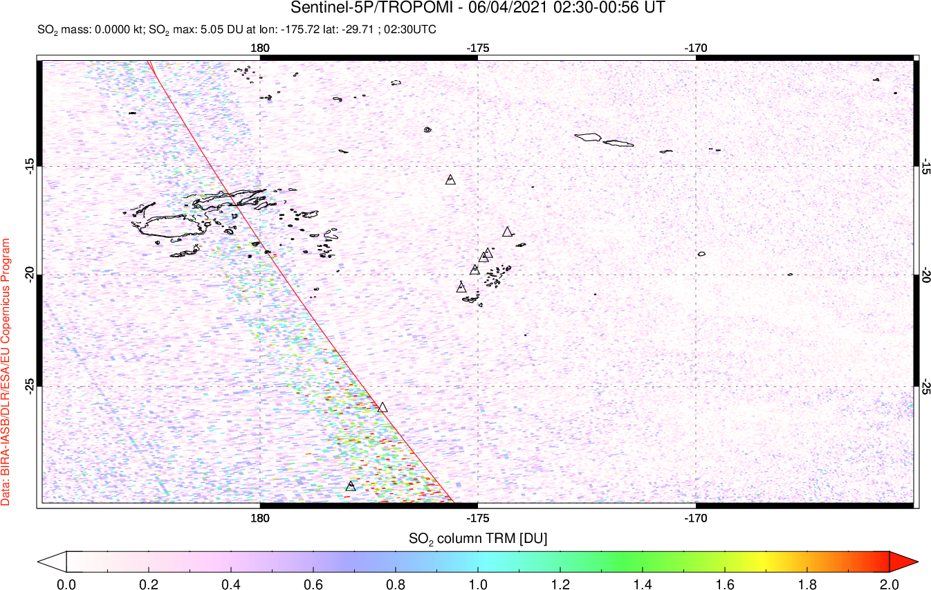 A sulfur dioxide image over Tonga, South Pacific on Jun 04, 2021.