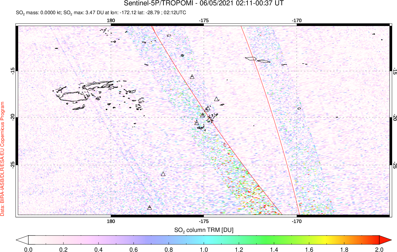 A sulfur dioxide image over Tonga, South Pacific on Jun 05, 2021.