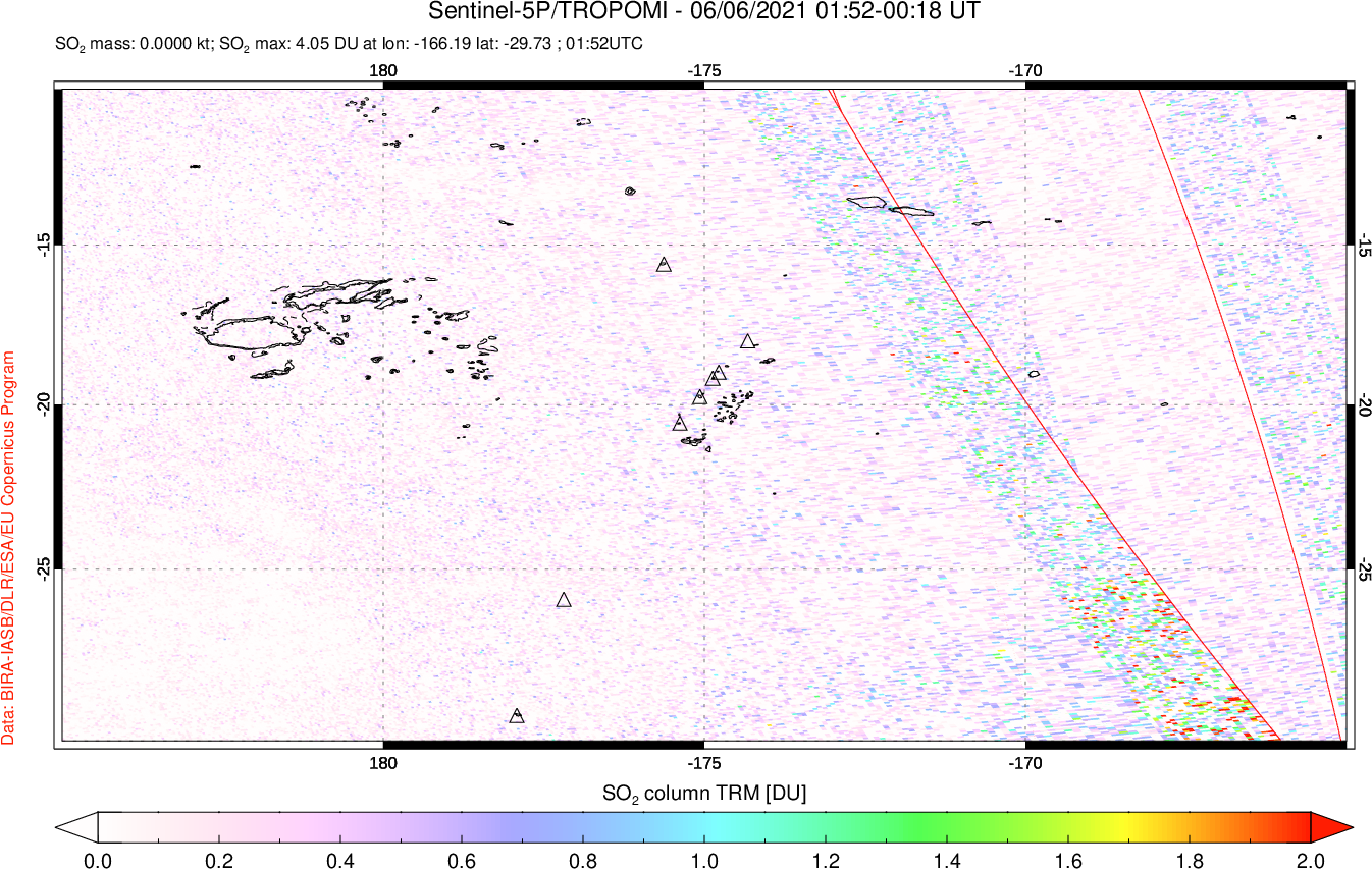 A sulfur dioxide image over Tonga, South Pacific on Jun 06, 2021.