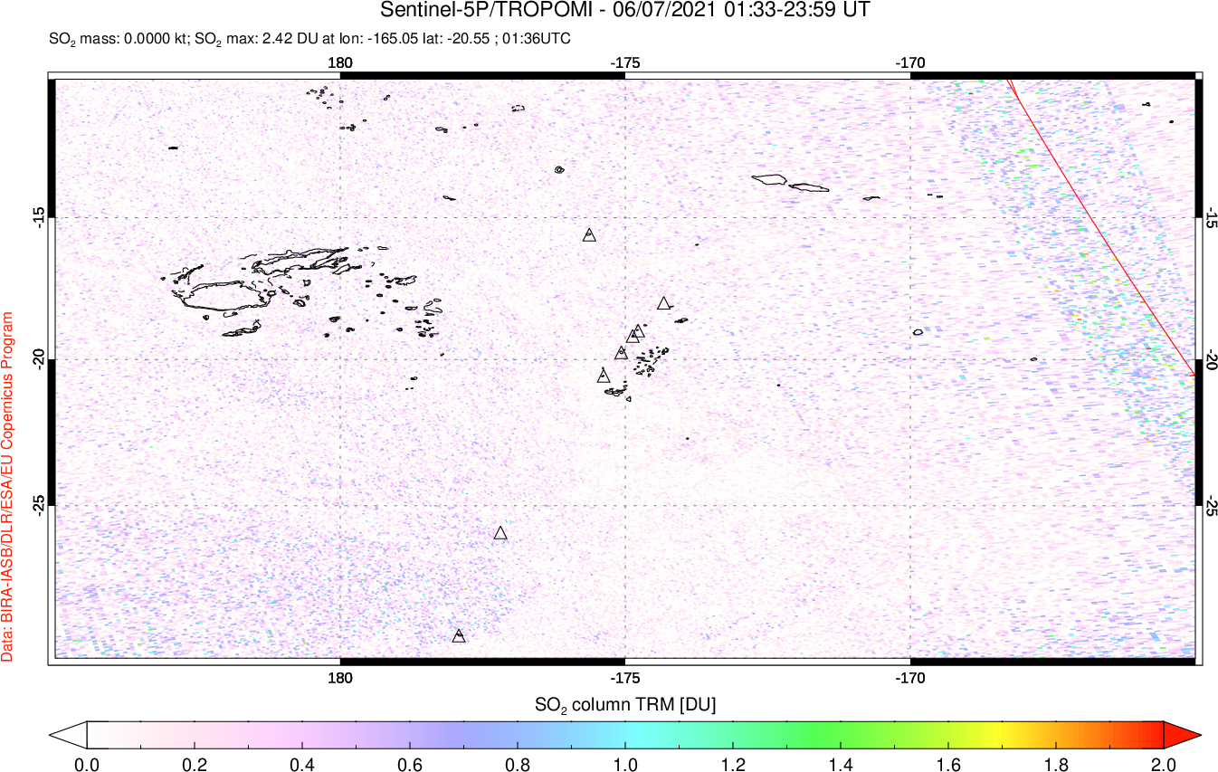 A sulfur dioxide image over Tonga, South Pacific on Jun 07, 2021.