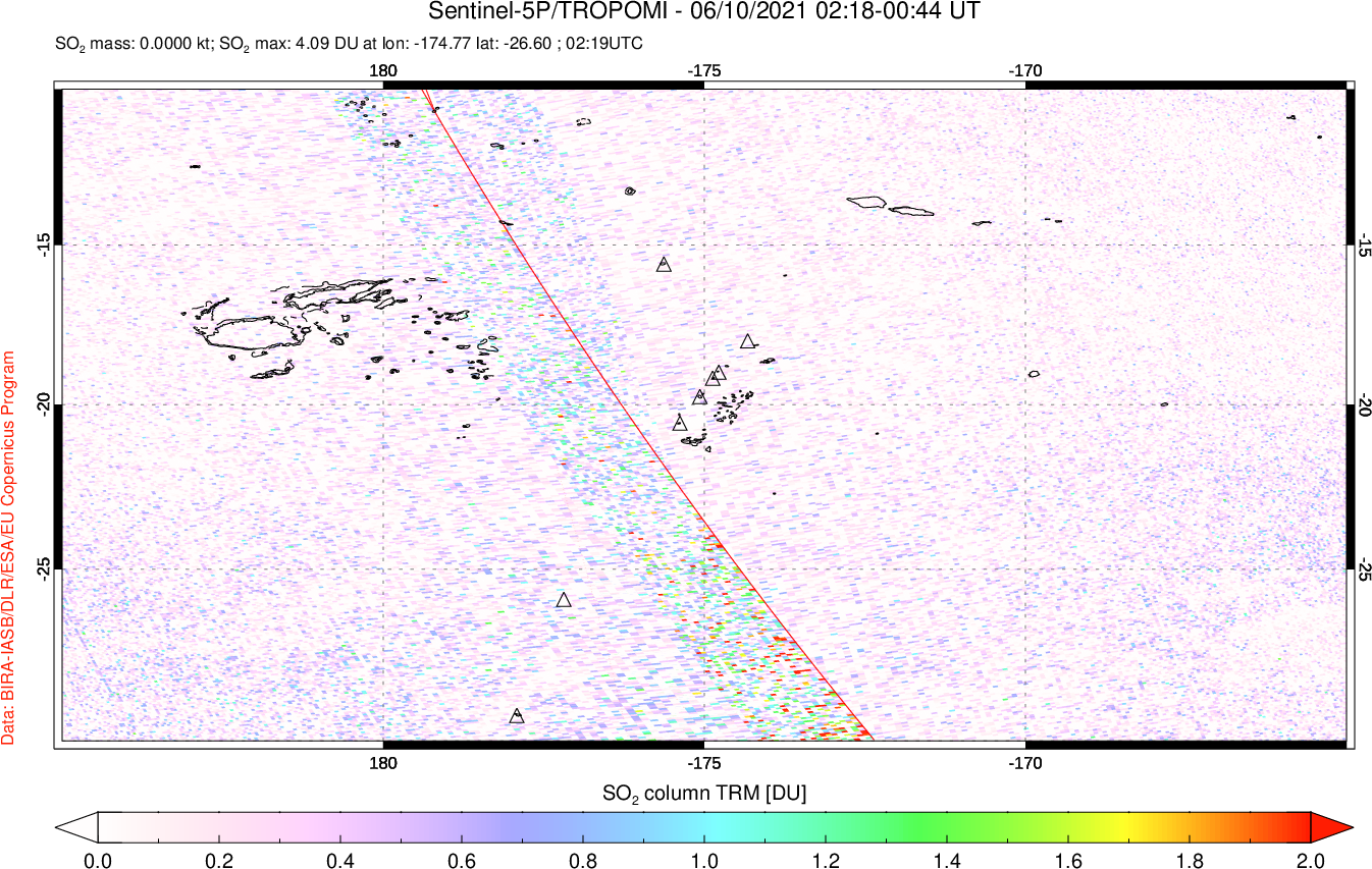 A sulfur dioxide image over Tonga, South Pacific on Jun 10, 2021.
