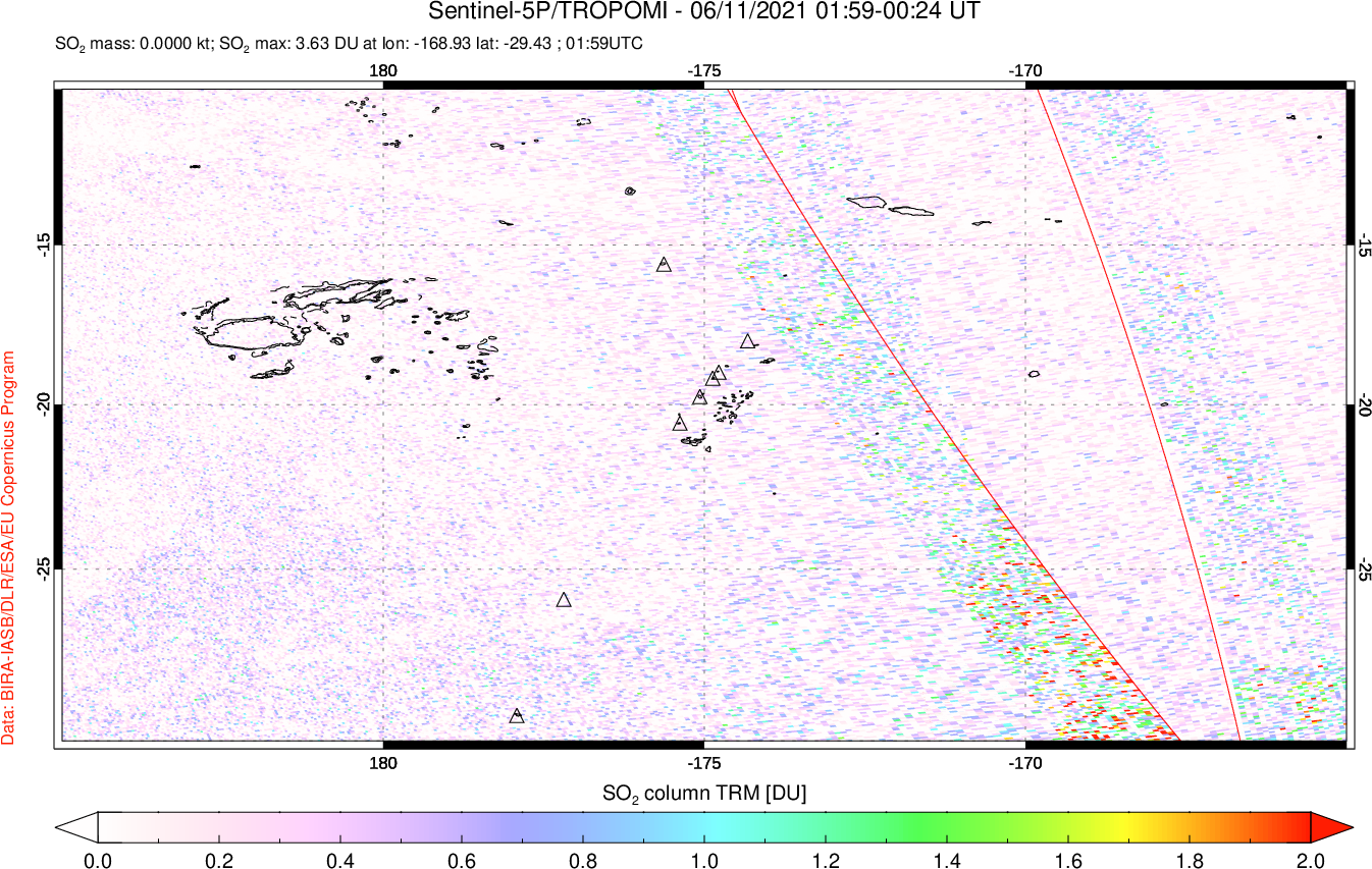 A sulfur dioxide image over Tonga, South Pacific on Jun 11, 2021.