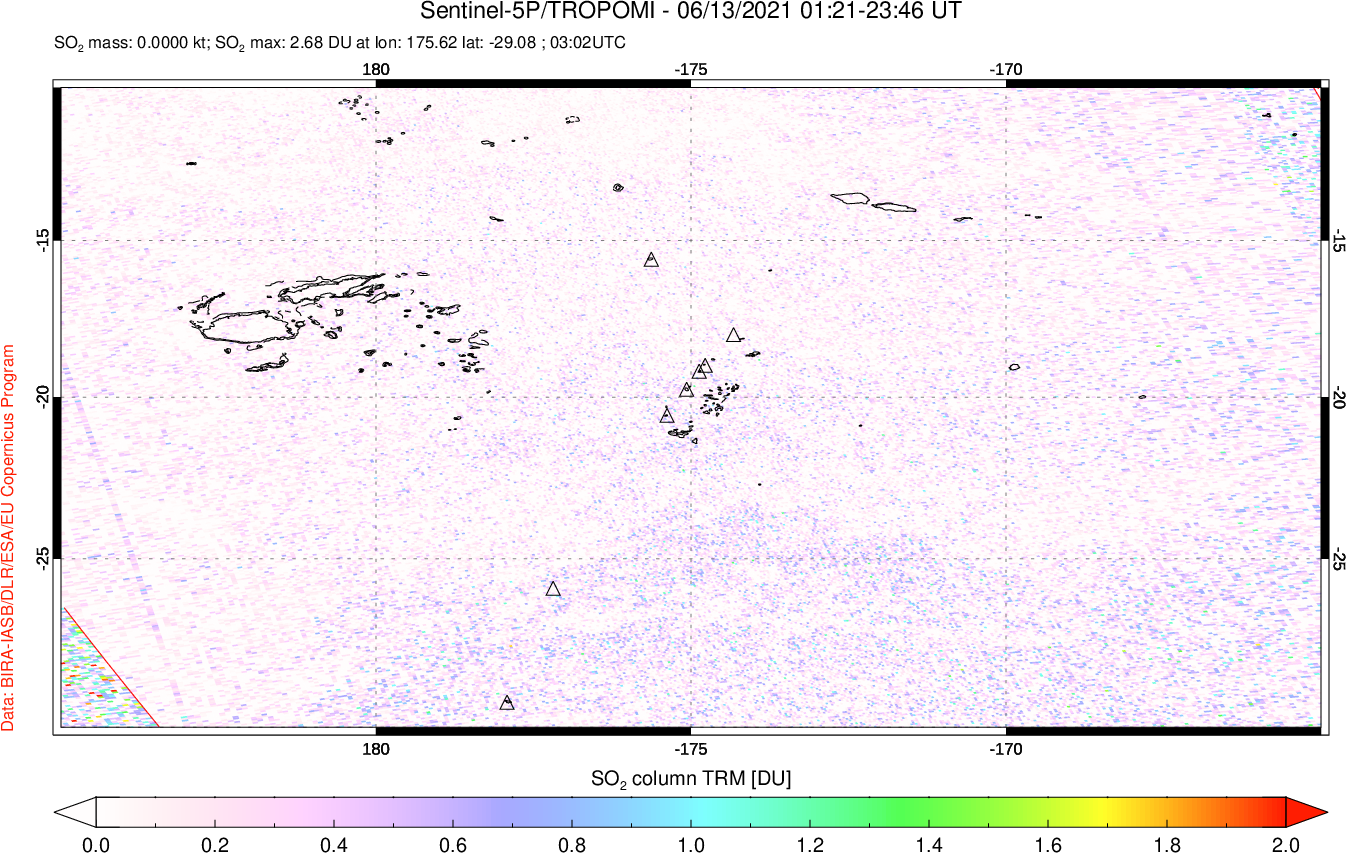 A sulfur dioxide image over Tonga, South Pacific on Jun 13, 2021.