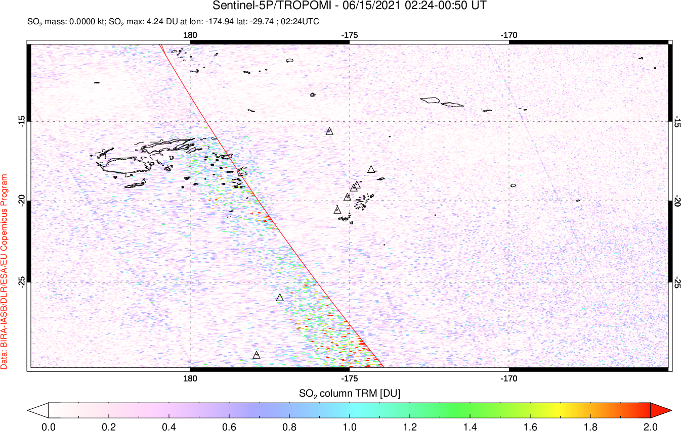 A sulfur dioxide image over Tonga, South Pacific on Jun 15, 2021.