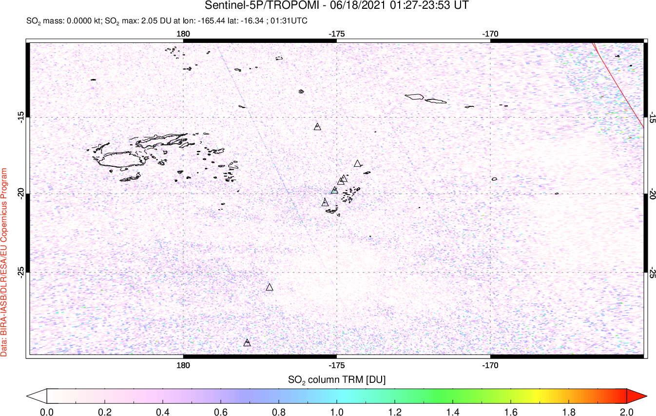 A sulfur dioxide image over Tonga, South Pacific on Jun 18, 2021.