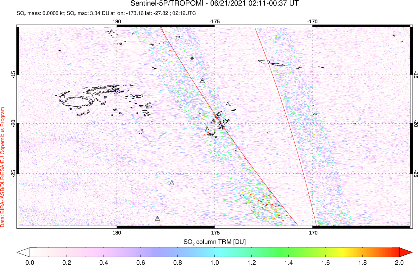 A sulfur dioxide image over Tonga, South Pacific on Jun 21, 2021.