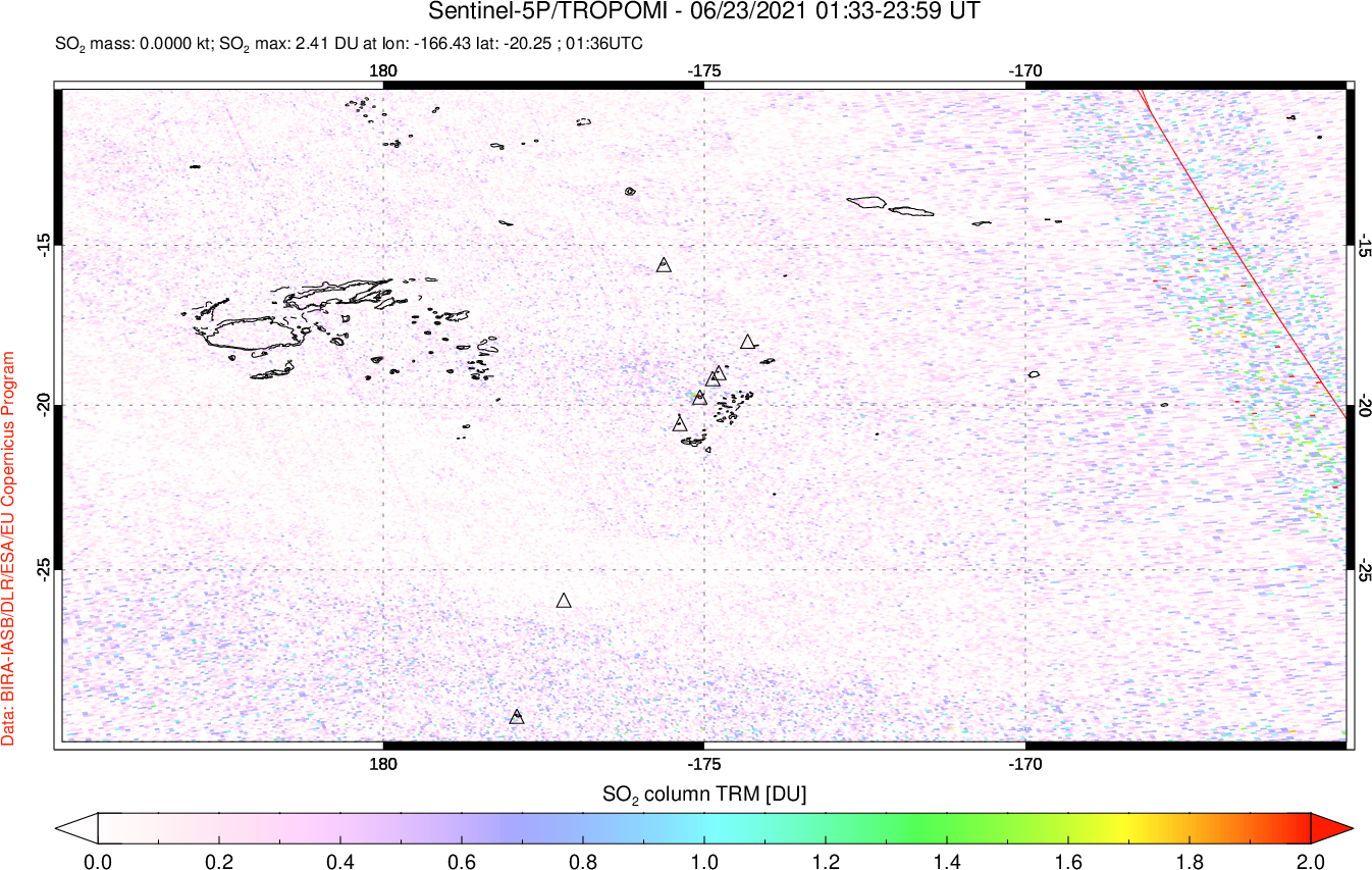 A sulfur dioxide image over Tonga, South Pacific on Jun 23, 2021.