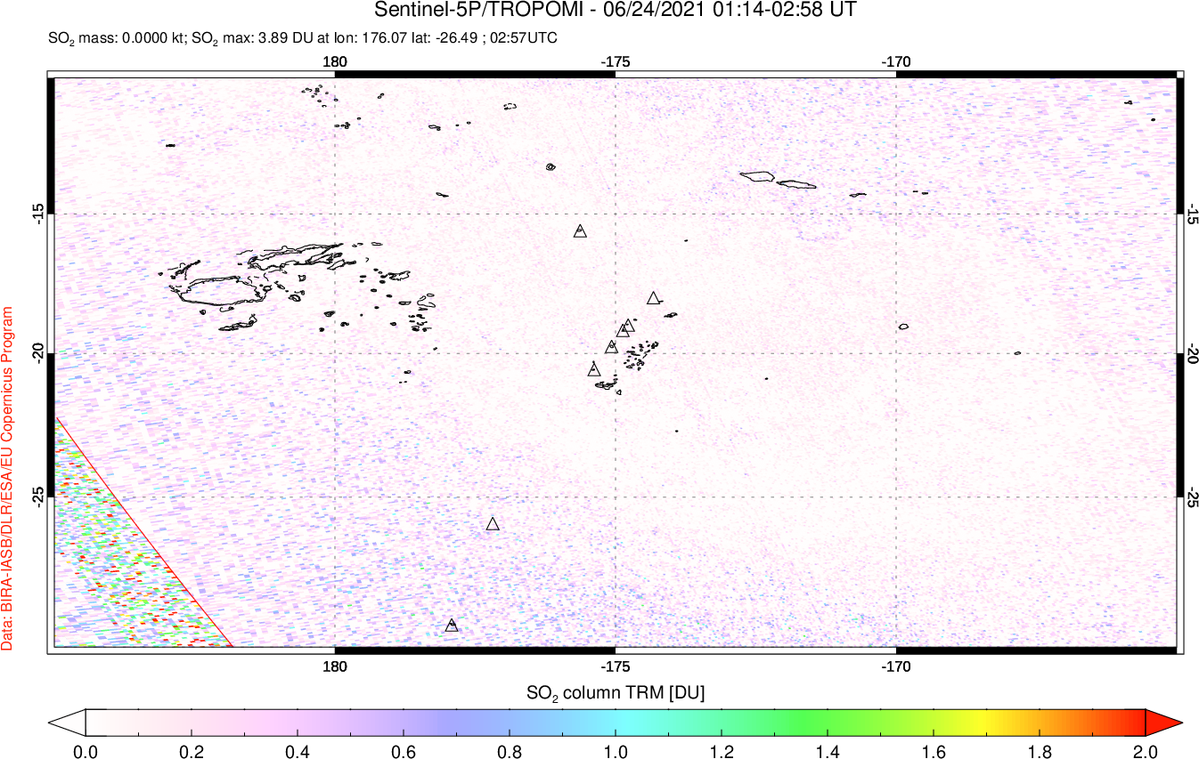 A sulfur dioxide image over Tonga, South Pacific on Jun 24, 2021.
