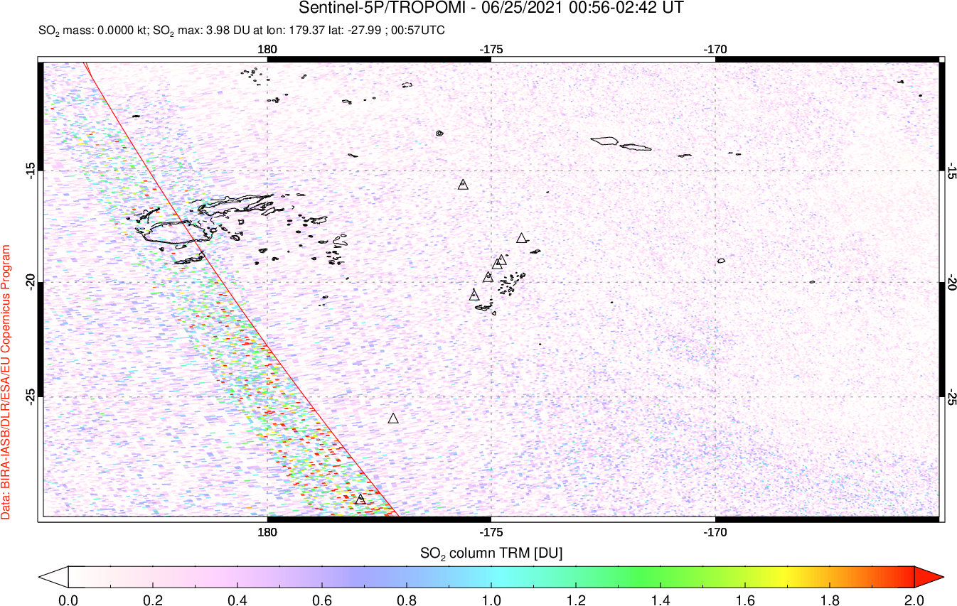 A sulfur dioxide image over Tonga, South Pacific on Jun 25, 2021.