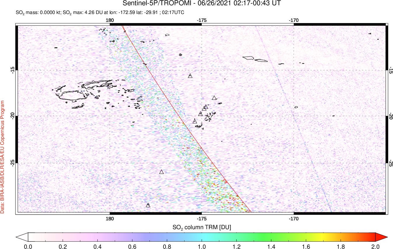A sulfur dioxide image over Tonga, South Pacific on Jun 26, 2021.