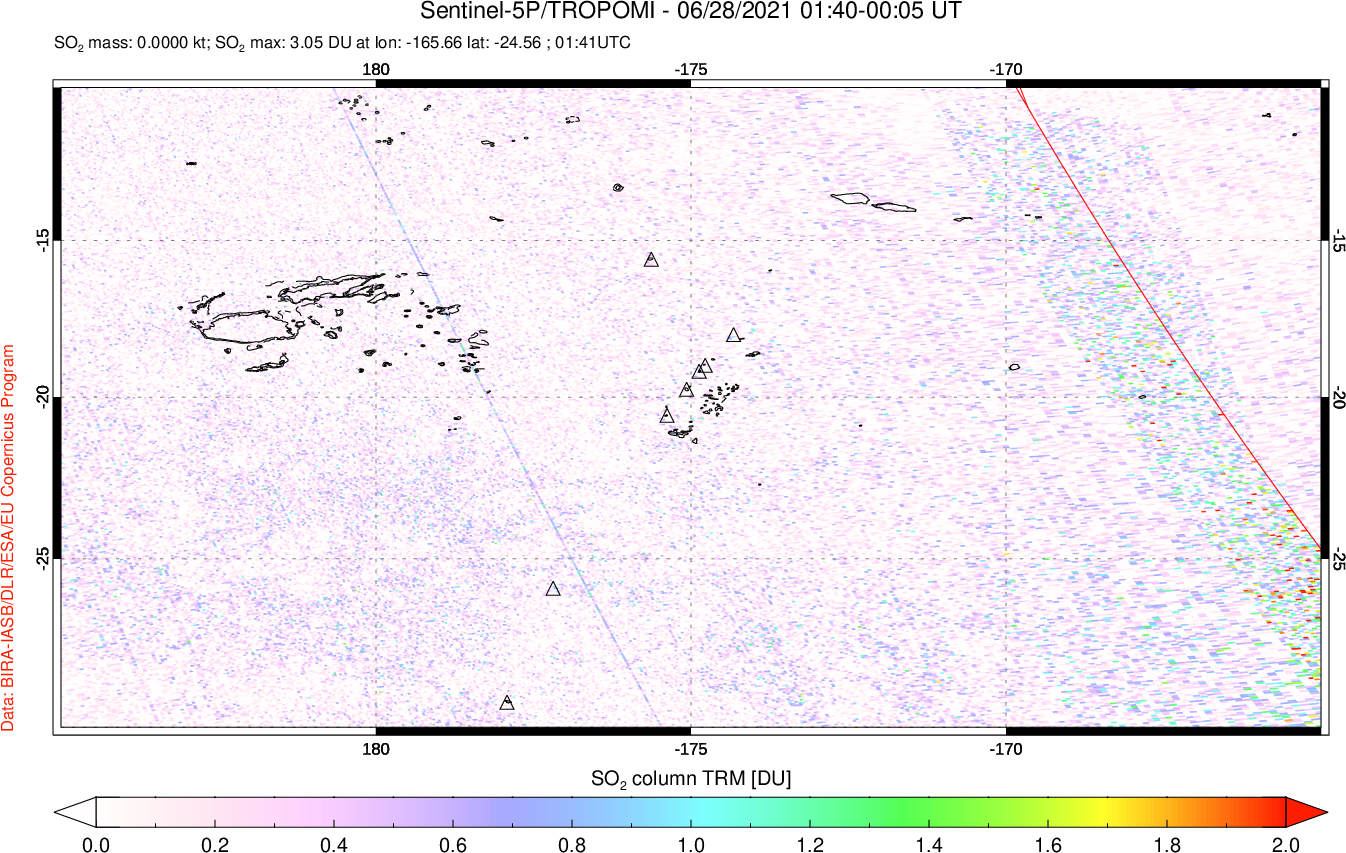 A sulfur dioxide image over Tonga, South Pacific on Jun 28, 2021.