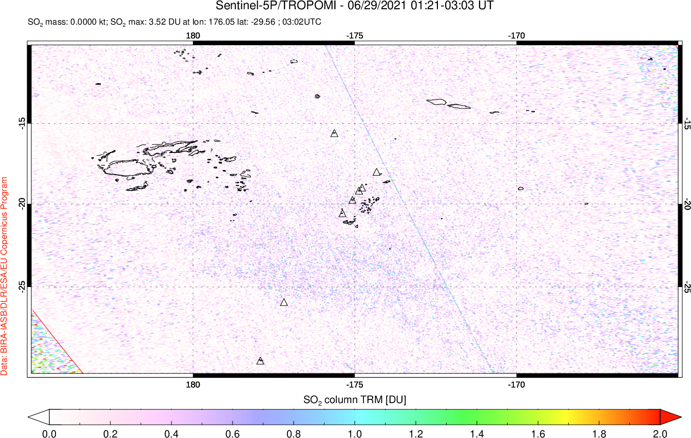 A sulfur dioxide image over Tonga, South Pacific on Jun 29, 2021.