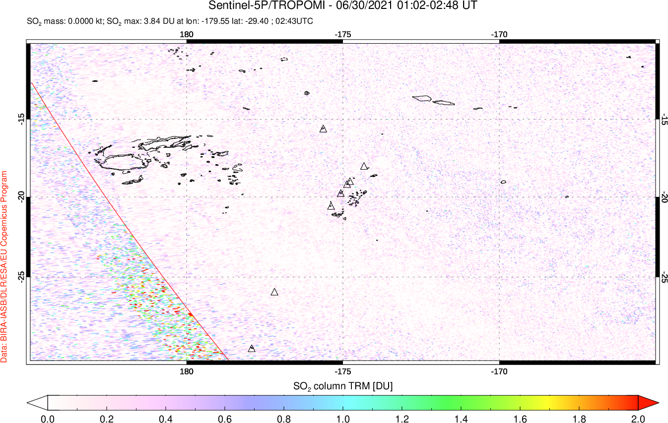 A sulfur dioxide image over Tonga, South Pacific on Jun 30, 2021.
