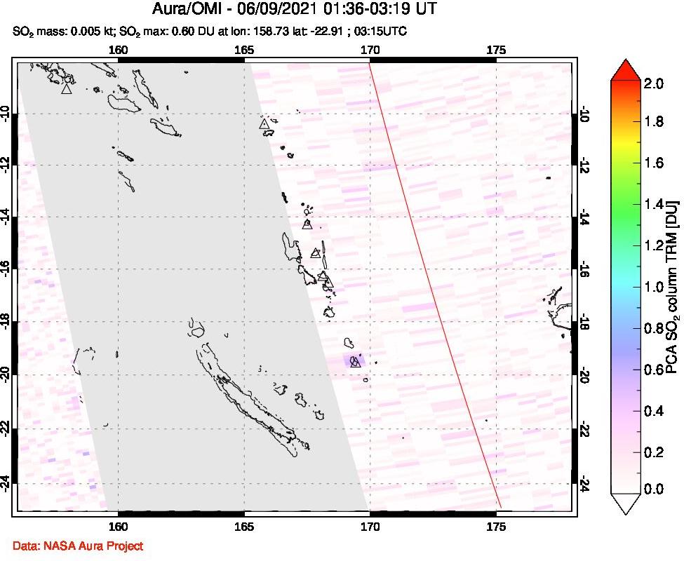 A sulfur dioxide image over Vanuatu, South Pacific on Jun 09, 2021.