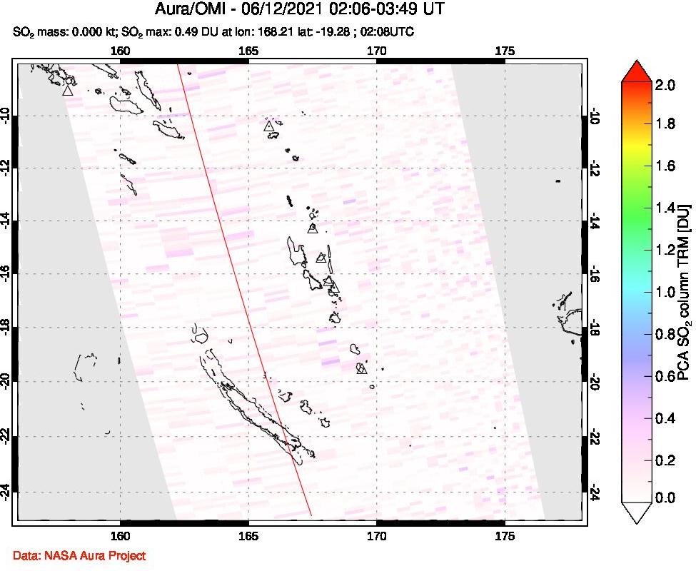 A sulfur dioxide image over Vanuatu, South Pacific on Jun 12, 2021.
