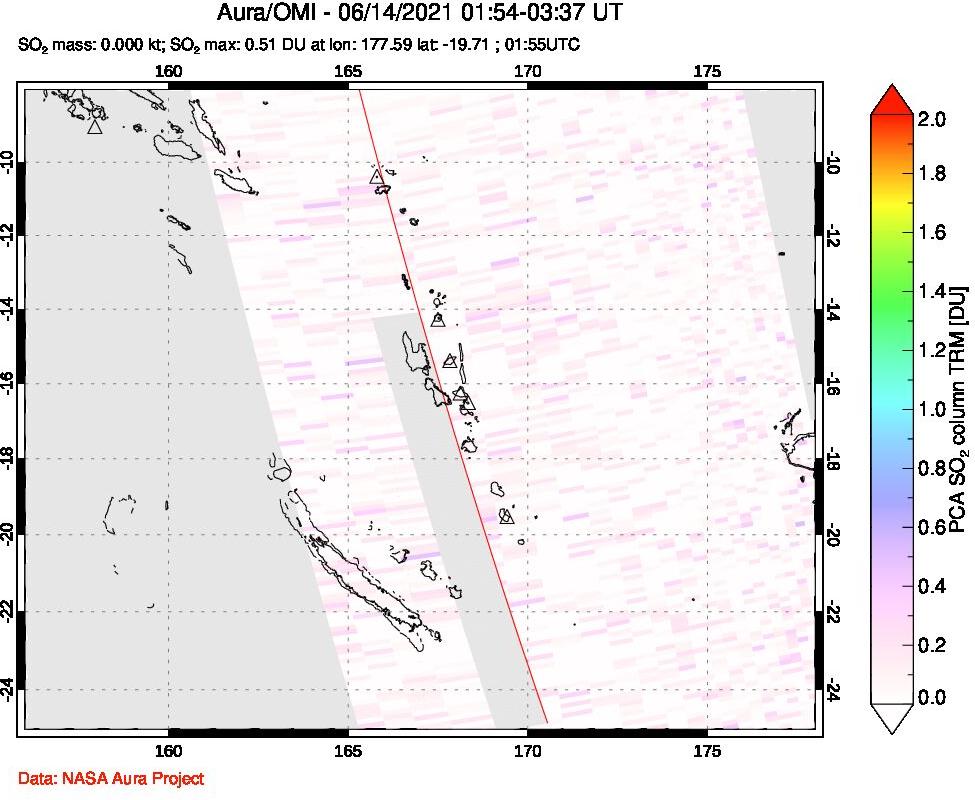A sulfur dioxide image over Vanuatu, South Pacific on Jun 14, 2021.