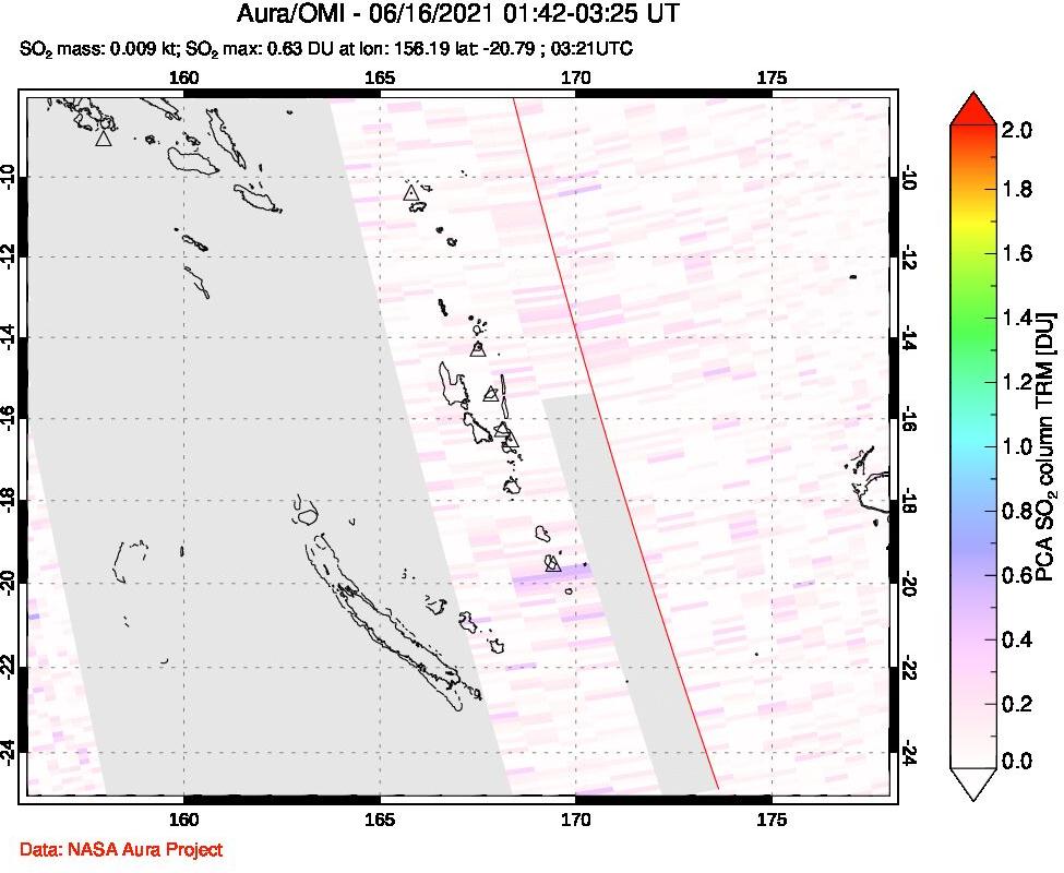 A sulfur dioxide image over Vanuatu, South Pacific on Jun 16, 2021.