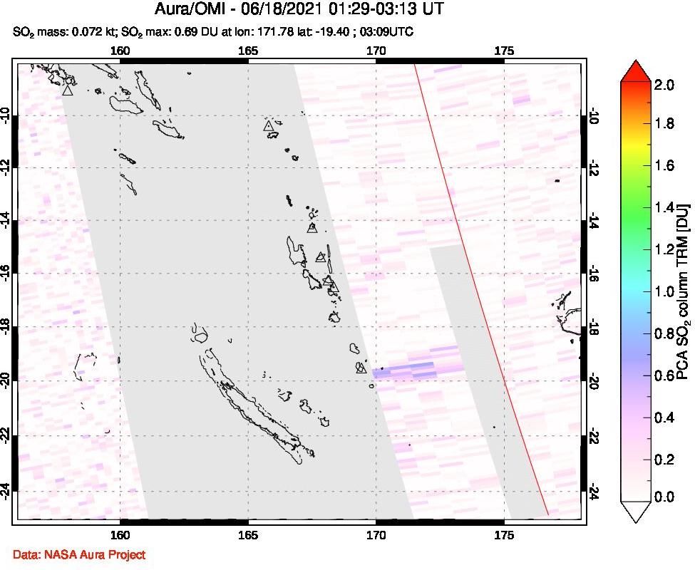 A sulfur dioxide image over Vanuatu, South Pacific on Jun 18, 2021.