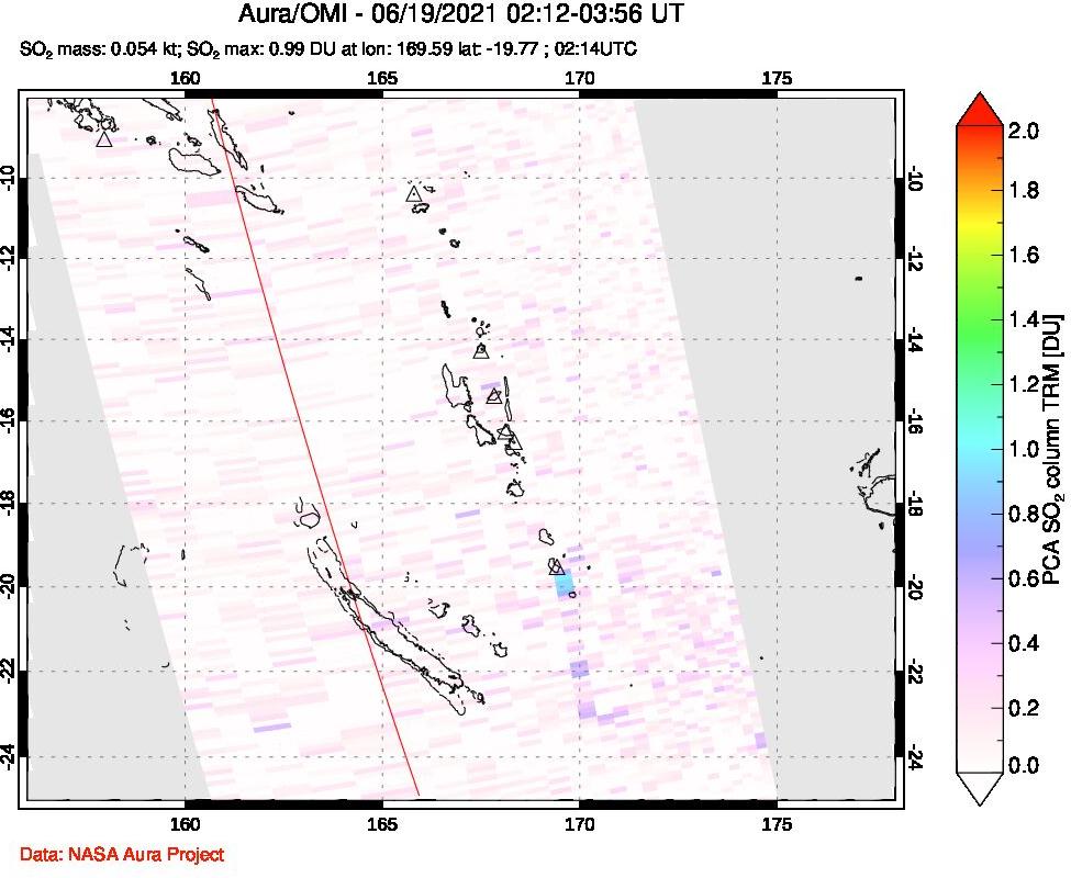 A sulfur dioxide image over Vanuatu, South Pacific on Jun 19, 2021.
