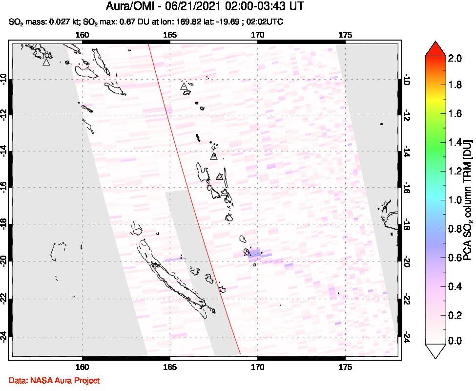 A sulfur dioxide image over Vanuatu, South Pacific on Jun 21, 2021.