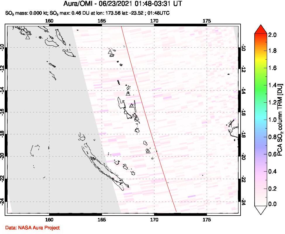 A sulfur dioxide image over Vanuatu, South Pacific on Jun 23, 2021.