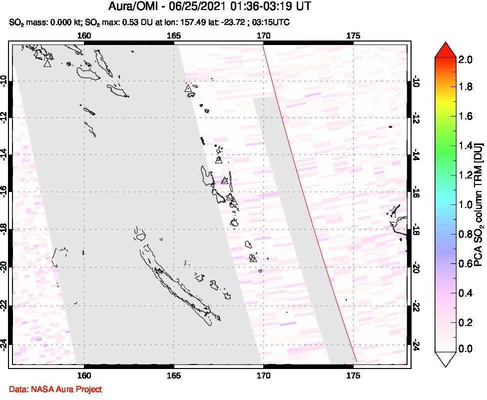 A sulfur dioxide image over Vanuatu, South Pacific on Jun 25, 2021.