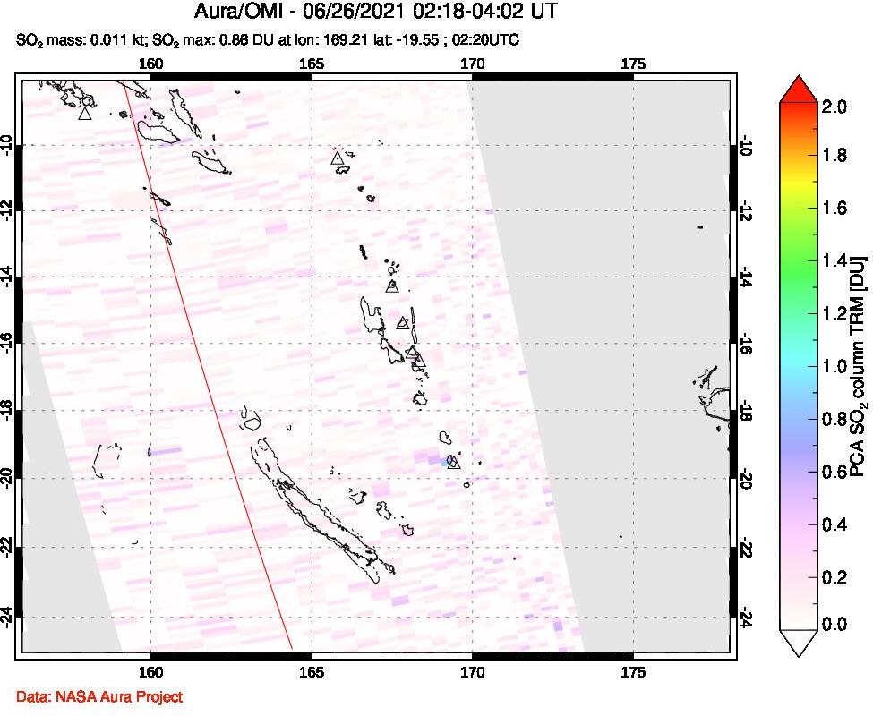 A sulfur dioxide image over Vanuatu, South Pacific on Jun 26, 2021.