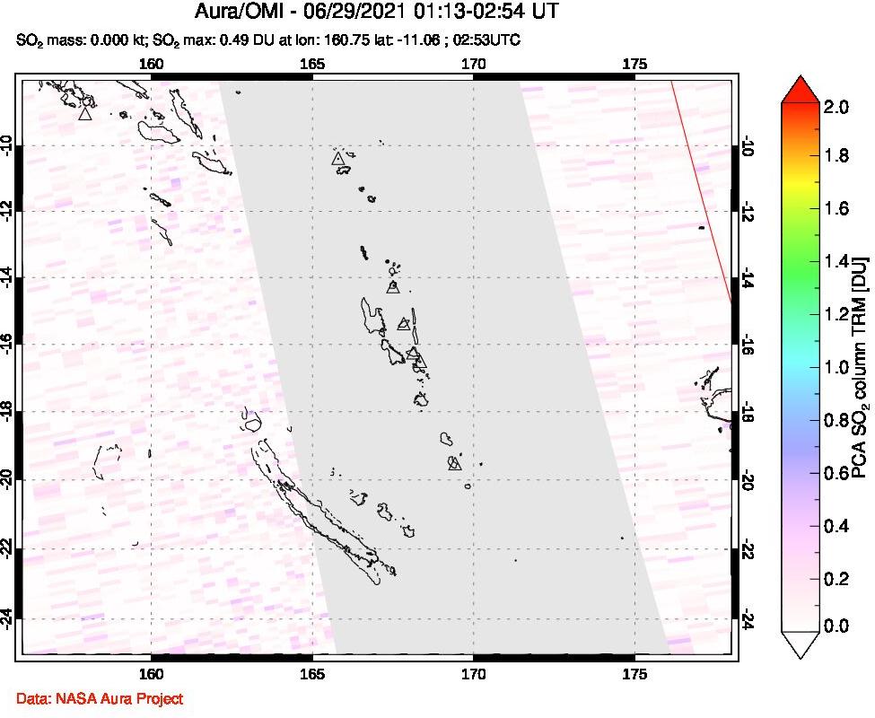 A sulfur dioxide image over Vanuatu, South Pacific on Jun 29, 2021.