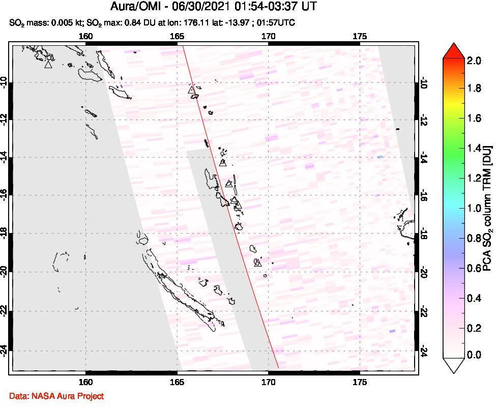 A sulfur dioxide image over Vanuatu, South Pacific on Jun 30, 2021.