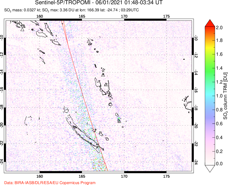 A sulfur dioxide image over Vanuatu, South Pacific on Jun 01, 2021.