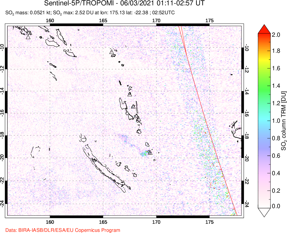 A sulfur dioxide image over Vanuatu, South Pacific on Jun 03, 2021.