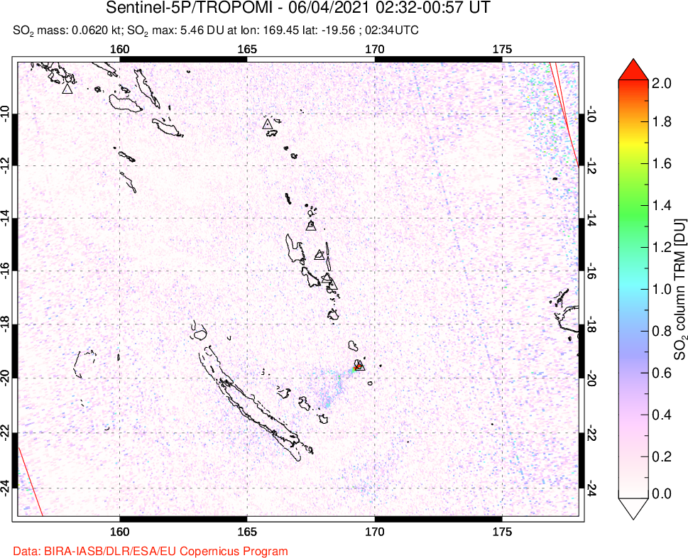 A sulfur dioxide image over Vanuatu, South Pacific on Jun 04, 2021.