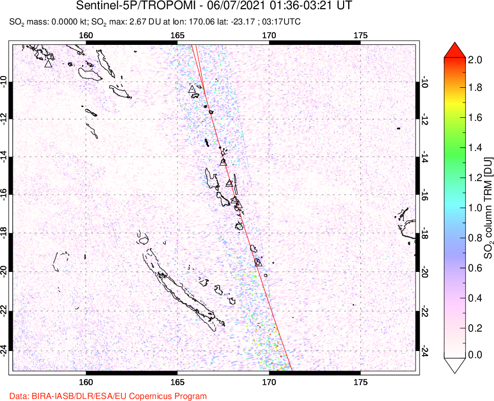 A sulfur dioxide image over Vanuatu, South Pacific on Jun 07, 2021.
