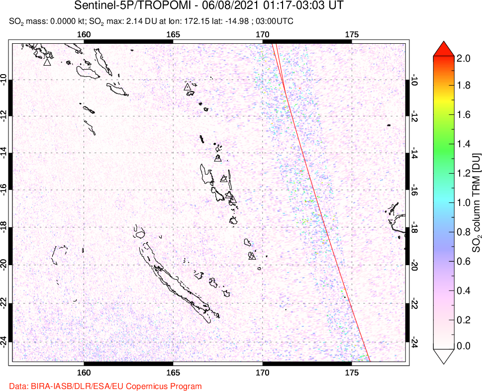A sulfur dioxide image over Vanuatu, South Pacific on Jun 08, 2021.
