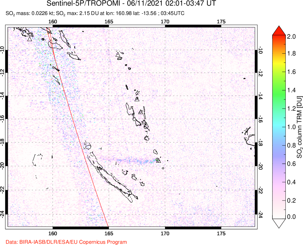 A sulfur dioxide image over Vanuatu, South Pacific on Jun 11, 2021.