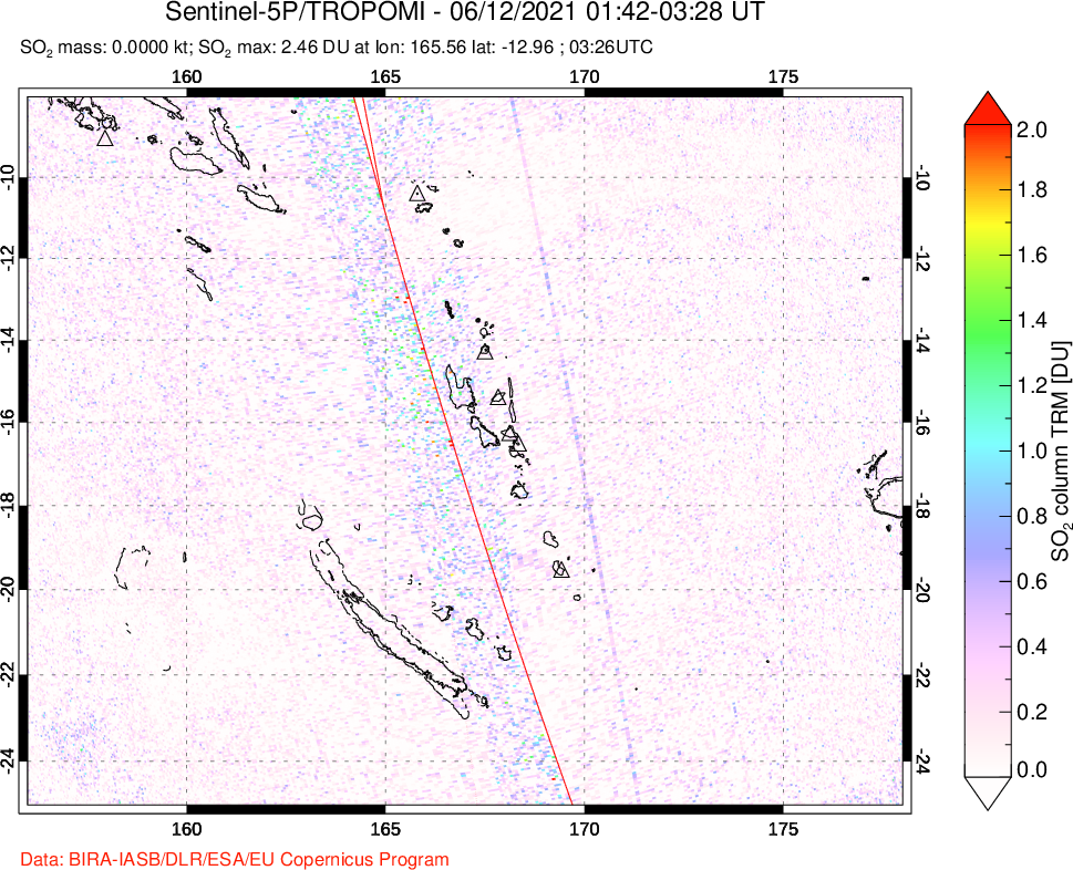 A sulfur dioxide image over Vanuatu, South Pacific on Jun 12, 2021.