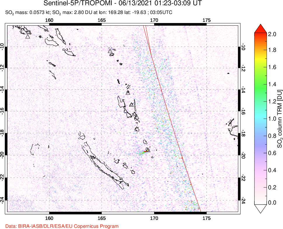 A sulfur dioxide image over Vanuatu, South Pacific on Jun 13, 2021.
