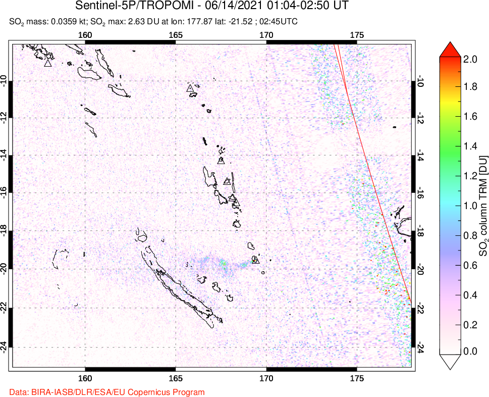 A sulfur dioxide image over Vanuatu, South Pacific on Jun 14, 2021.