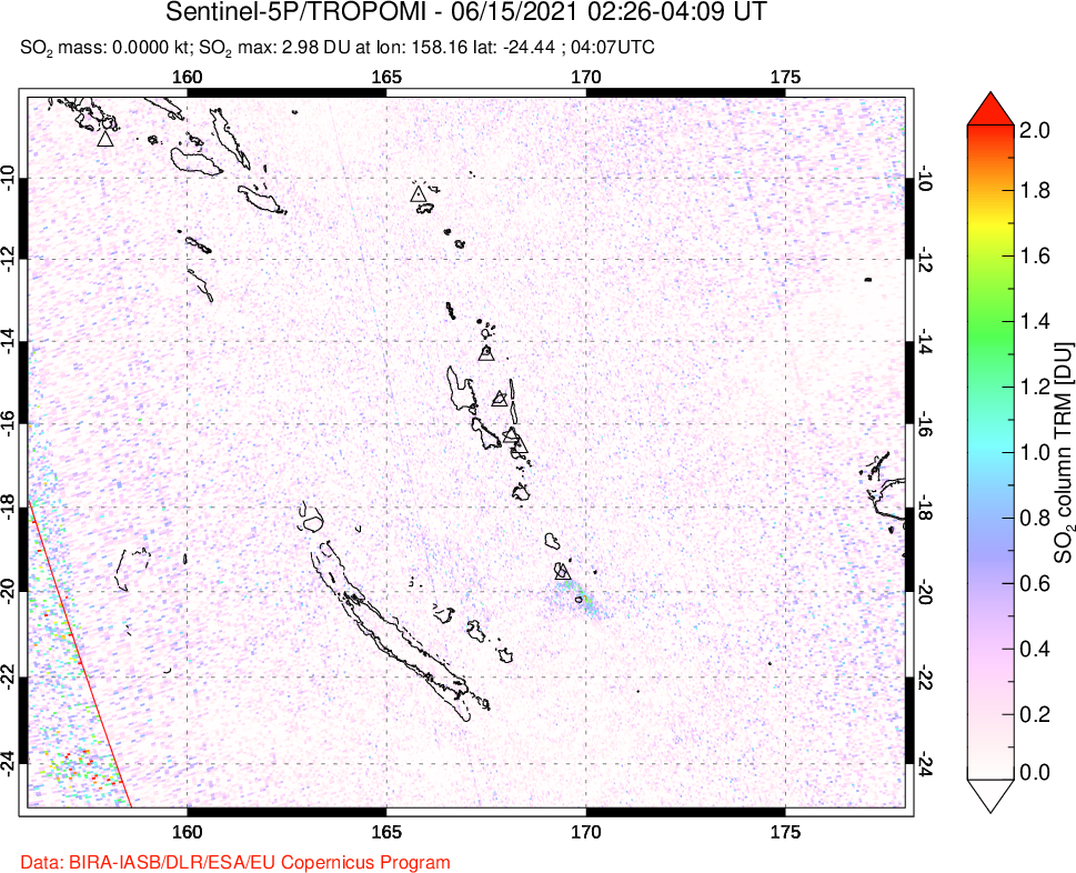 A sulfur dioxide image over Vanuatu, South Pacific on Jun 15, 2021.