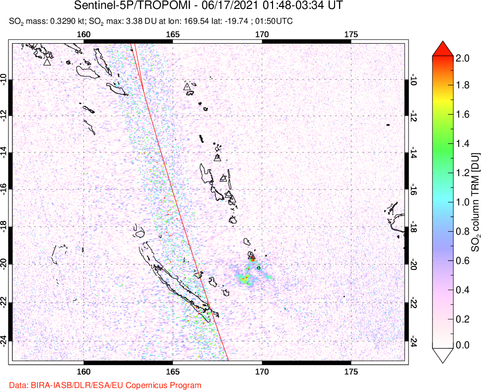 A sulfur dioxide image over Vanuatu, South Pacific on Jun 17, 2021.