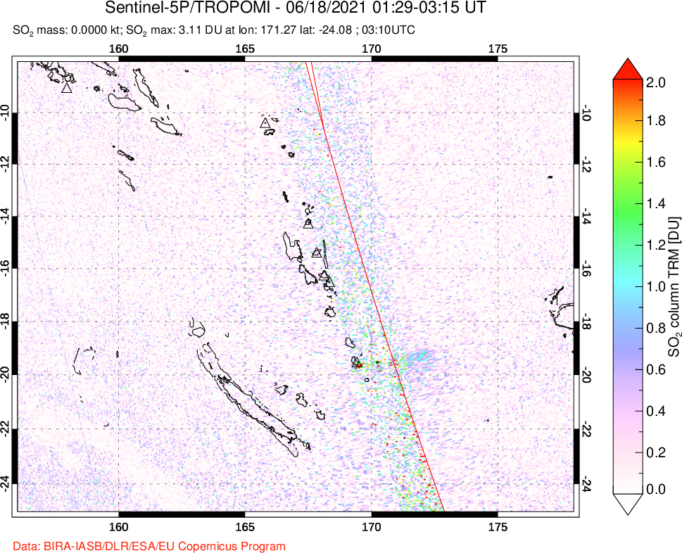 A sulfur dioxide image over Vanuatu, South Pacific on Jun 18, 2021.
