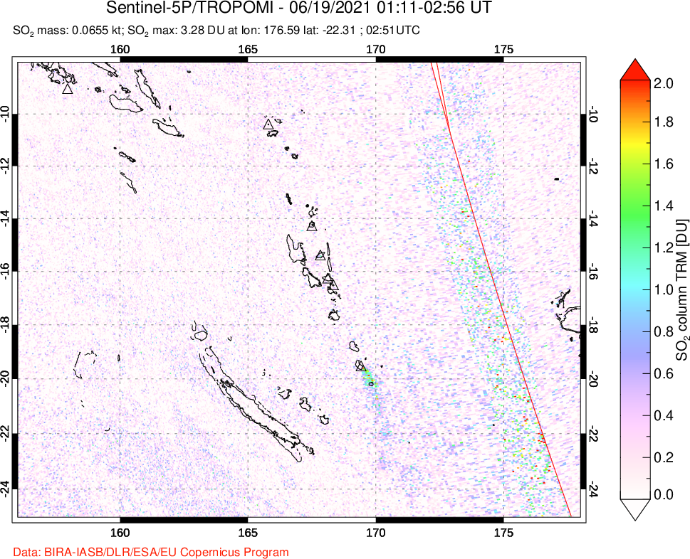 A sulfur dioxide image over Vanuatu, South Pacific on Jun 19, 2021.